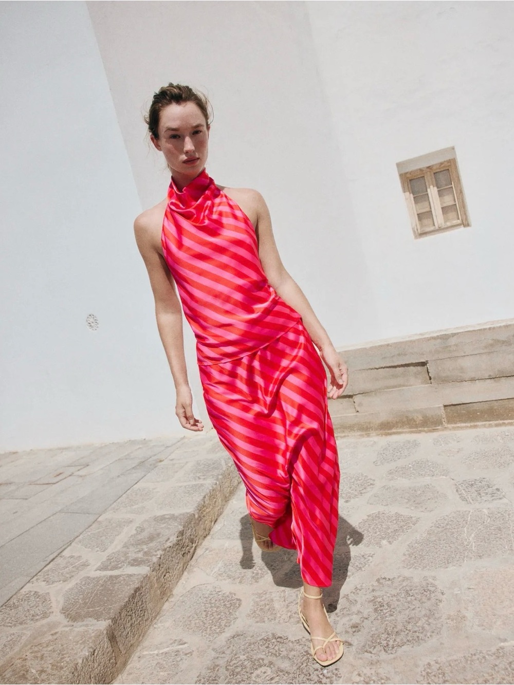 ZARA Women’s Halter Top/Midi Skirt in Hot Pink and Red Stripe